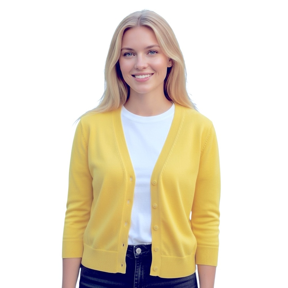 GAP bright yellow 3/4 sleeve button front crop cardigan size Medium